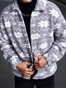 Manfinity Homme Men's Autumn And Winter Reversible Plush Warm INS Western Cowboy-Style Gray Shirt Jacket With Geometric Pattern Print, Featuring A Turn-Down Collar And Button Closure. Stylish And Cozy, Perfect For Layering In Colder Weather! Winter Men Jacket ,Thermal Shirts ,Fall And Winter Men Clothes