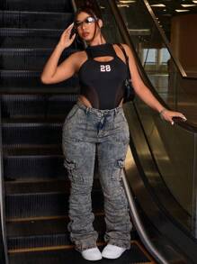 SHEIN ICON Quần Jeans Ống Loe Xếp Ly Túi Hộp Size Lớn Cho Nữ Thường Ngày - Màu xanh lam - Xem 6