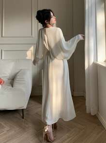 DAZY 女士雪纺中长款派对连衣裙，春秋季优雅长袖连衣裙 - 杏色 - 查看 7