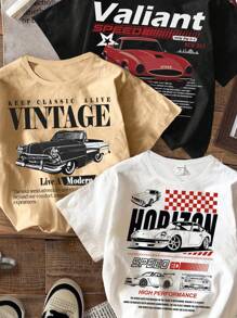 SHEIN 3pcs/Set CARS, Young Boy Casual Retro Car & Letter Print Round Neck Short Sleeve T-Shirt, Suitable For Summer