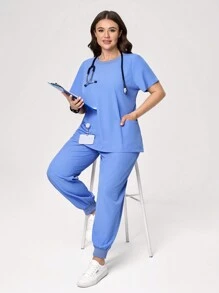 TaskEZ 2pcs Plus Size Solid Color Round Neck Short Sleeve Pocket Top And Pants Uniform Set Scrub Set Nurse Dresses Scrub Tops Scrub Bottoms Lab Coats - Baby Blue - View 1