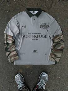 Manfinity Campus Court Aesthetic Post--Men's Letter & Camouflage Patchwork Long Sleeve Casual Polo Shirt, Autumn - Grey - View 3