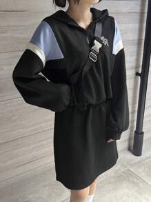 FRIFUL 女款秋季字母印花長袖連帽洋裝，拼色拼接設計，秋季女裝校園風 - 黑色 - 查看 4