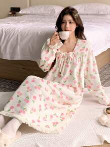 DAZY Tulip Pattern Flannel Thickened Loose Nightgown Pajama,Thermal Lined Fall,Winter - Pink - View 4