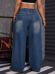 SHEIN ICON Jeans anchos de pierna ancha y desgastados para mujer de talla grande