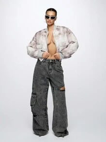 SUMWON WOMEN Designer Tie Dye Bomber Outerwear Zip Up Jacket Fall Winter Casual Style Fashion Windbreaker With Pockets Relaxed Fit Streetwear