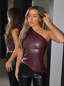 SHEIN ICON Women Solid Color Minimalist Casual Oblique Shoulder Tight Sexy PU Top - Burgundy - View 6