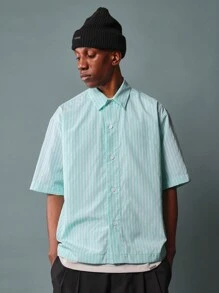 SUMWON Lucky Charm Mint Green Striped Casual Button Down Short Sleeve Shirt With Designer Text Print Statement Back St Patricks Day Party Streetwear