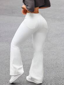 SHEIN PETITE Women's Casual Solid Color Slim Fit Flare Jeans ,Petite Women - White - View 3