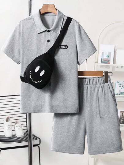 3 件套青少年女孩休闲装 - 灰色 Polo 衫、短裤、斜挎笑脸包，春夏