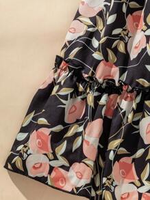 Girls Floral Print Ruffle Trim Square Neck Bubble Sleeve Dress, Suitable For Summer