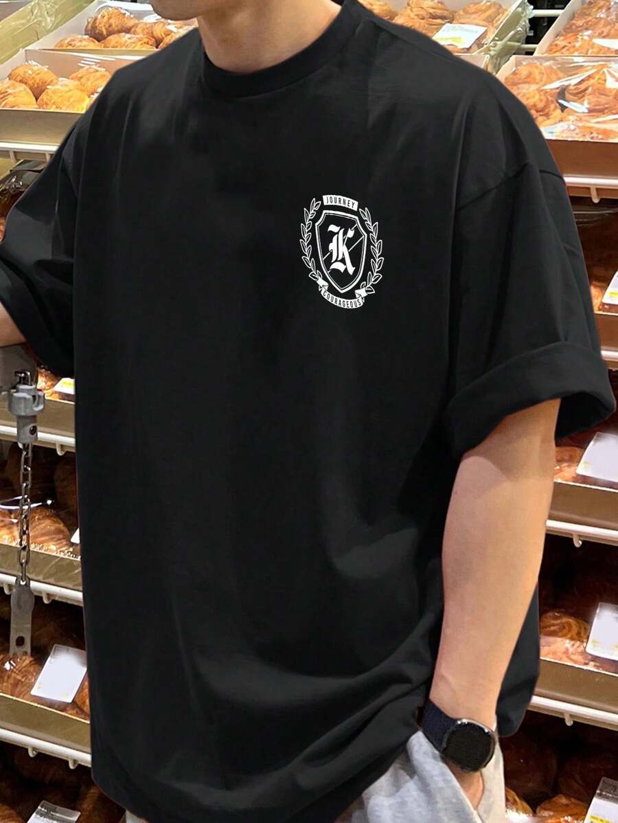 DAZY Letter Print Black Round Neck Short Sleeve T-Shirt For Men - Black - View 1