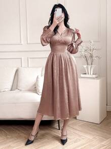 DAZY 纯色 V 领泡泡袖侧开衩中长优雅连衣裙，适合女士舞会礼服、正式女士礼服、秋季长袖连衣裙