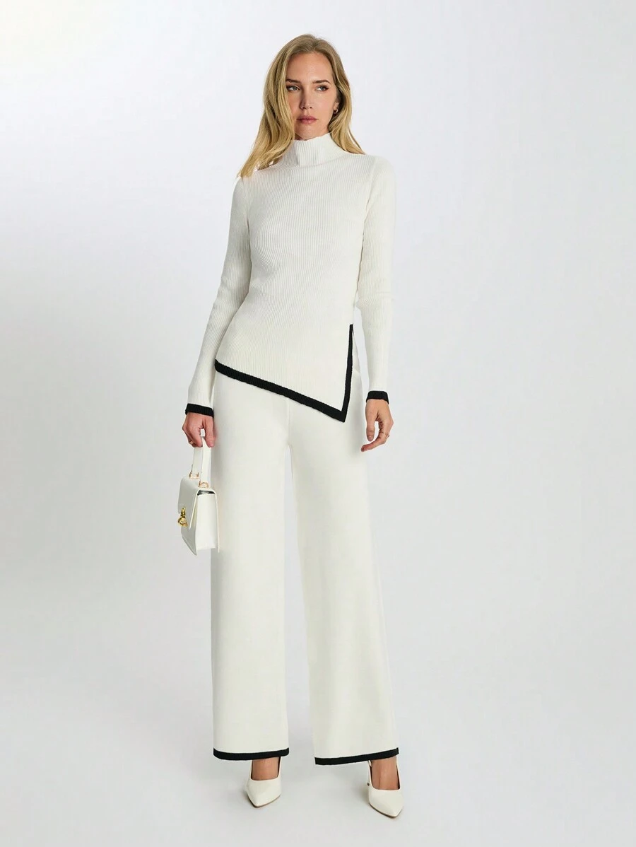 RueChic Women Contrasting Trim Asymmetrical Hem Sweater And Pants 2 Piece Casual Set - White - View 1