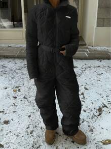 SHEIN EZwear Women's Solid Color Long Sleeve Zip Front Wide Leg Casual Jumpsuit, Autumn/Winter