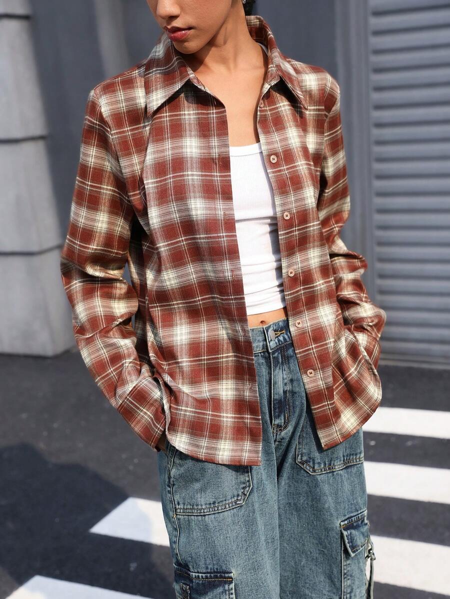 SHEIN Unity British Style Vintage Plaid Button Down Collared Versatile Shirt, Suitable For Valentine's Day, Spring/Autumn Fall Cloth For Women - Multicolor - View 1