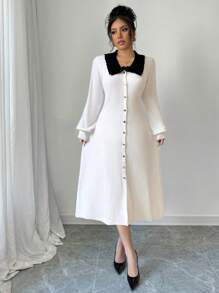 Chiquease Nuevo vestido de punto con mangas abullonadas, ajustado y de longitud media, con volantes y bloques de color, para damas - Blanco - Ver 4