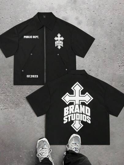 SHEIN Coolqubz 青少年男孩配套家庭装 - 宽松轻质超大十字图案印花黑色拉链短袖衬衫，休闲百搭