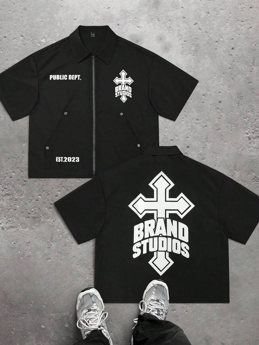 SHEIN Coolqubz 青少年男孩配套家庭装 - 宽松轻质超大十字图案印花黑色拉链短袖衬衫，休闲百搭 - 黑色 - 查看 1