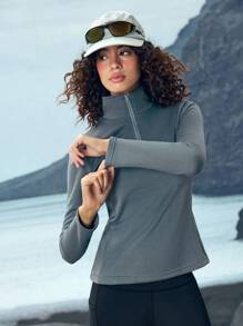 Women's Solid Color Zip-Up Half Placket Long Sleeve Sport Jacket - Dusty Blue - View 6