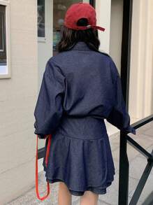 DAZY Women's Casual Denim Shirt & Skirt Suit, Simple & Fashionable For Everyday Wear - Dark Wash - View 4