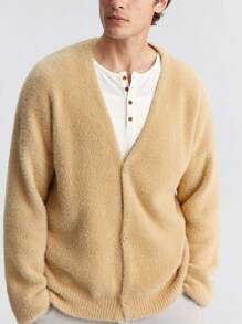 Ontre Men's Solid Color Drop Shoulder Long Sleeve Single-Breasted Casual Knit Cardigan, Fashion Minimalist Style For Valentine's Day, Holiday, New Year Party, Daily Casual, Travel