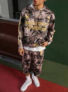 Manfinity Streetrush Men's Ins Street Style Leaf Camouflage Realistic Print With Pocket Hooded Sweatshirt And Elastic Waist Loose 7-Point Sweatpants Two-Piece Set, It Is A Must-Have Sweatshirt Suit For Street Fashion People, Suitable For Giving To Boyfriends