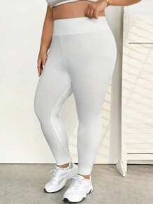SHEIN CURVE+ Mallas de cintura alta elástica de un solo color en talla grande - Blanco - Ver 4