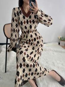 SHEIN EZwear Plus Size Casual Long Sleeve Autumn/Winter Knitted Sweater Dress Fall Cloth For Women