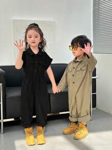 SHEIN 年轻女孩编织纯色翻领双口袋半开襟修身休闲连体裤 - 黑色 - 查看 3