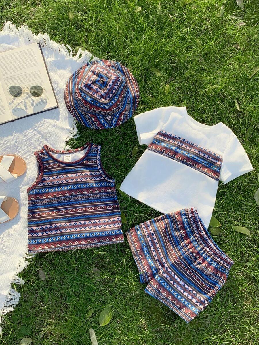 SHEIN 4pcs/Set Baby Boy/Girl Summer Retro Print Knit Soft Round Neck Short Sleeve Top, Elastic Waist Shorts, Solid Color Vest, Hat