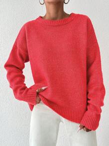 EURMUSE Solid Drop Shoulder Sweater - Red - View 1