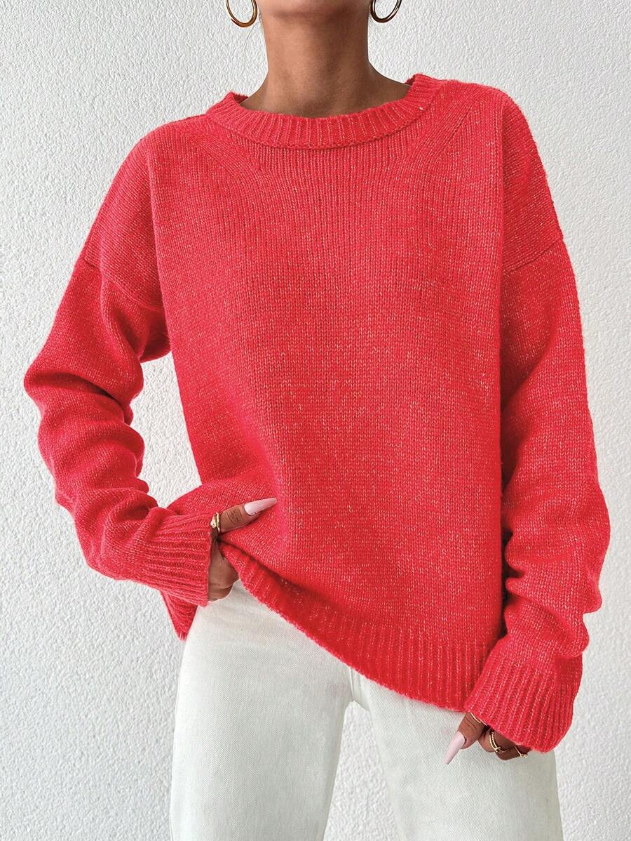 EURMUSE Solid Drop Shoulder Sweater - Red - View 1