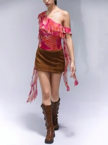 GENKIRA Women Elegant Asymmetric Ruffled Sheer Tulle Draping Design Top, Slim Fit - Multicolor - View 4