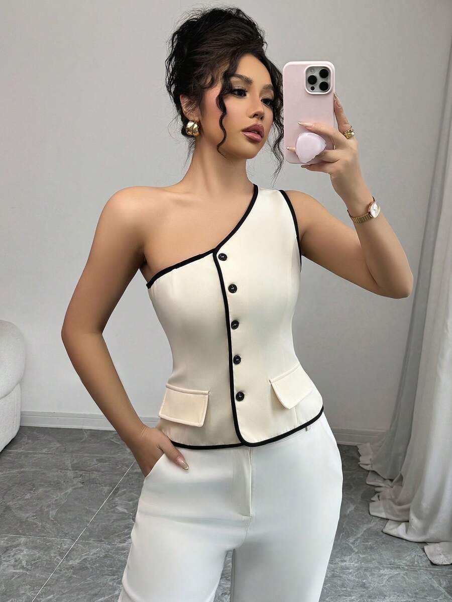 Rafferiza 女款優雅修身不對稱單肩無袖上衣,附裝飾鈕扣 - 杏色 - 查看 1