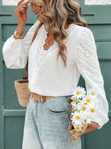 SHEIN Frenchy Vacation Casual Solid Color Hollow Out Embroidered Puff Sleeve Shirt