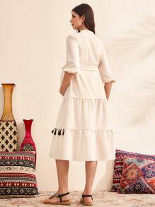 SHEIN 孕妇条纹 V 领灯笼袖流苏拼布连衣裙度假 - 米色 - 查看 2