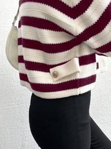 EURMUSE Women Front Button Long Sleeve Striped Minimalist Casual Top, Daily Wear - Burgundy - View 6