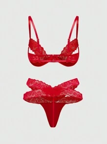 ROMWE Romantic Valentine's Day Heart Lace & Satin Patchwork Underwire Lingerie Set - Red - View 2