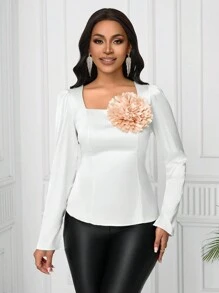 SHEIN Clasi Áo cánh dài tay họa tiết hoa 3D phong cách đi làm cho nữ - trắng - Xem 5