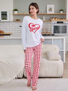 RueChic 2pcs Valentine's Day Couple Contrast Colour Queen Printed With Plaid Pattern Bottom Homewear Set - Red and White - View 4