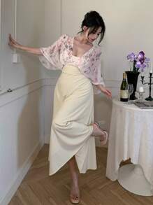 DAZY Women's Elegant Midi Patchwork Dress, Spring/Summer Sundress - Beige - View 2