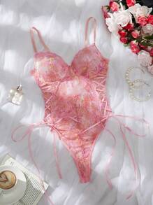 1pc Lace Sexy Lingerie Bodysuit For Women, Valentine's Day Pink - Pink - View 1