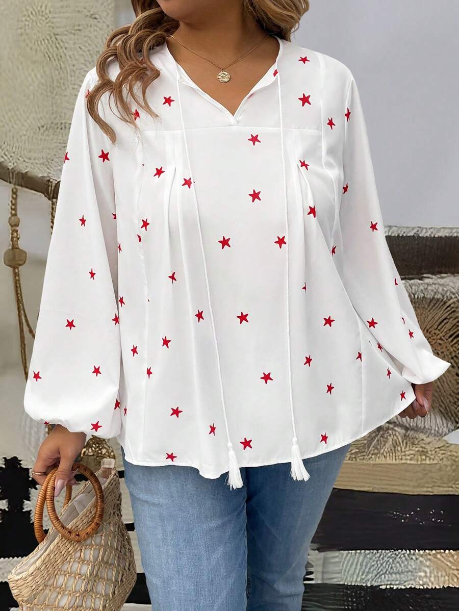 SHEIN LUNE Plus Size Women's Five-Star Print V-Neck Tie Front Long Sleeve Casual Shirt, Spring/Summer - Red and White - View 1