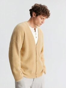 Ontre Men's Solid Color Drop Shoulder Long Sleeve Single-Breasted Casual Knit Cardigan, Fashion Minimalist Style For Valentine's Day, Holiday, New Year Party, Daily Casual, Travel