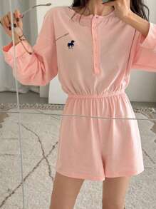 DAZY Embroidered Decor Striped Half-Zip Waisted Jumpsuit Loungewear Pajama - Baby Pink - View 6