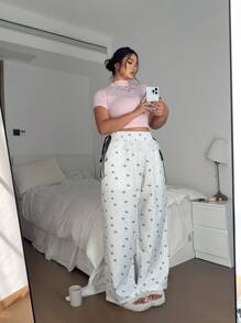 Flirla Plus Size Women Contrast Lace Print Tie Waist Palazzo Pants For Summer Fall Cloth For Women - Multicolor - View 6