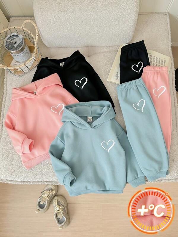 6 Pieces Set: Baby Girl Cute Solid Heart Pattern Hoodie Sweatshirt & Elastic Waist Pants Outfit For Autumn/Winter