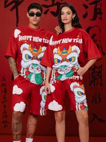 Manfinity Unisex 2pcs/Set Streetwear Relaxed Dropped Shoulder Crew Neck Short Sleeve T-Shirt And Straight Leg Mid-Waist Shorts, Happy New Year Blessing And Lion Design Print For Chinese New Year