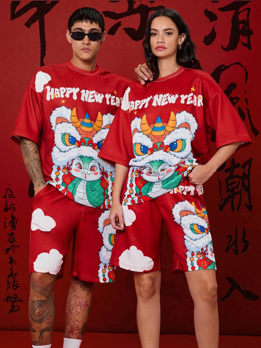Manfinity Unisex 2pcs/Set Streetwear Relaxed Dropped Shoulder Crew Neck Short Sleeve T-Shirt And Straight Leg Mid-Waist Shorts, Happy New Year Blessing And Lion Design Print For Chinese New Year
